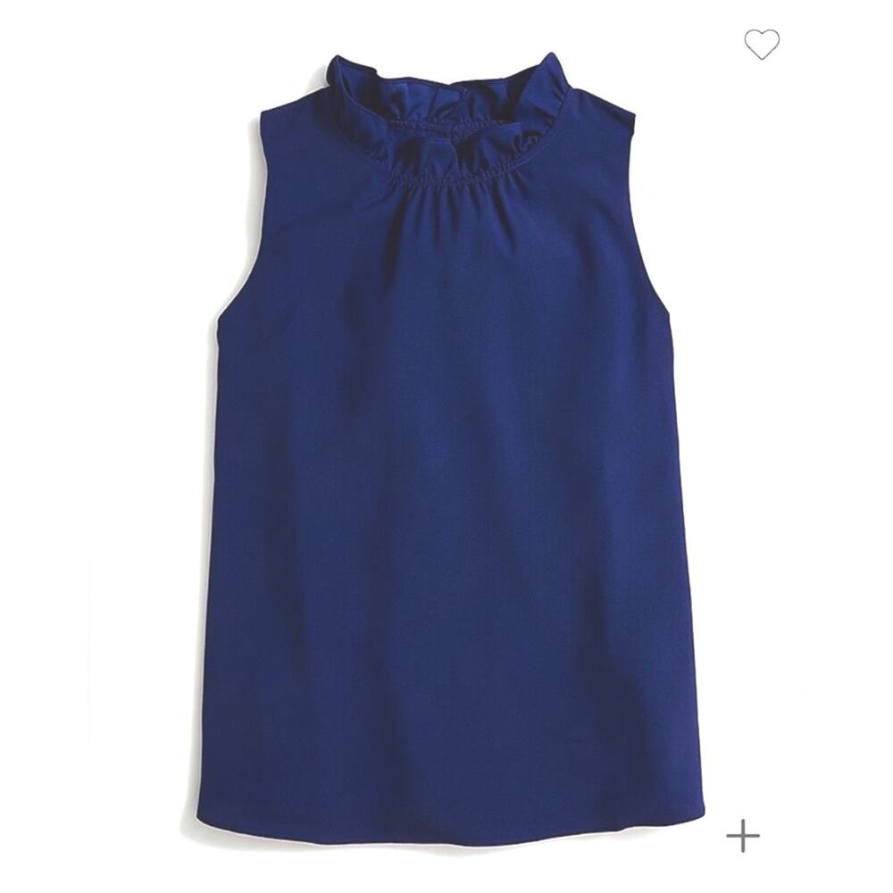 J Crew Ruffle Neck Top Solid Blue Sleeveless Shirt Small Preppy Summer AP241